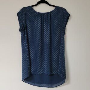 DR2 Daniel Rainn Dark Indigo Sheer Dot Cap Sleeve Longline Blouse